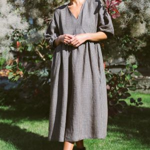Gingham Linen V-Neck Puffy Sleeve Dress A Timeless Summer Staple from OFFON CLOTHING