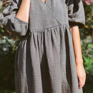 Gingham Linen V-Neck Puffy Sleeve Dress A Timeless Summer Staple from OFFON CLOTHING