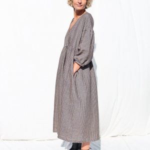 Gingham Linen V-Neck Puffy Sleeve Dress A Timeless Summer Staple from OFFON CLOTHING