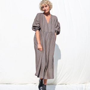 Gingham Linen V-Neck Puffy Sleeve Dress A Timeless Summer Staple from OFFON CLOTHING