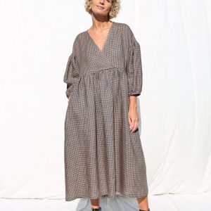 Gingham Linen V-Neck Puffy Sleeve Dress A Timeless Summer Staple from OFFON CLOTHING