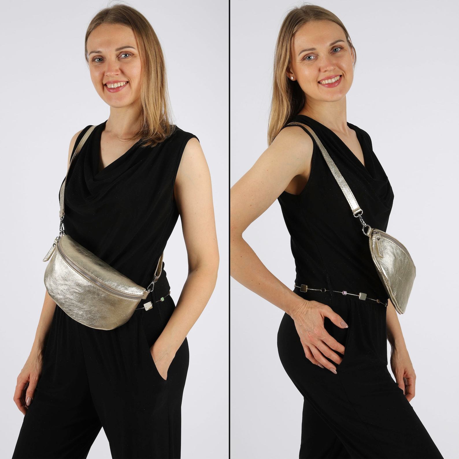 Gold Fanny Pack Interchangeable Wide Belt, Patterned Strap, Leather Crossbody, Silver Zipper Handbag