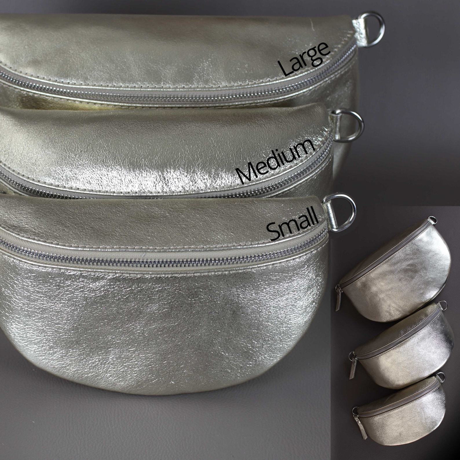 Gold Fanny Pack Interchangeable Wide Belt, Patterned Strap, Leather Crossbody, Silver Zipper Handbag