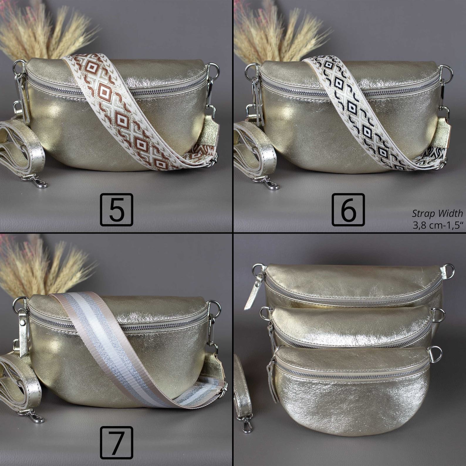 Gold Fanny Pack Interchangeable Wide Belt, Patterned Strap, Leather Crossbody, Silver Zipper Handbag