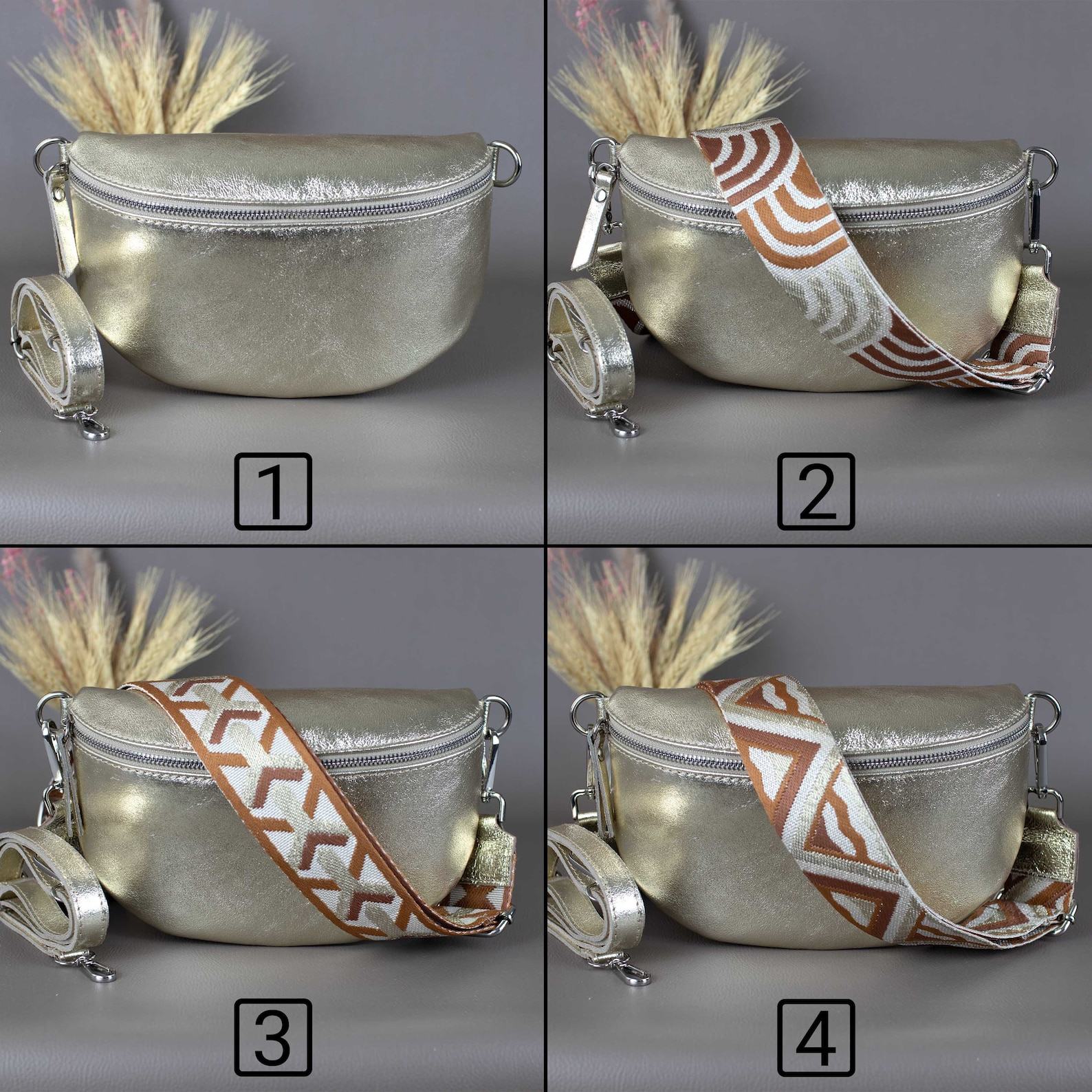 Gold Fanny Pack Interchangeable Wide Belt, Patterned Strap, Leather Crossbody, Silver Zipper Handbag