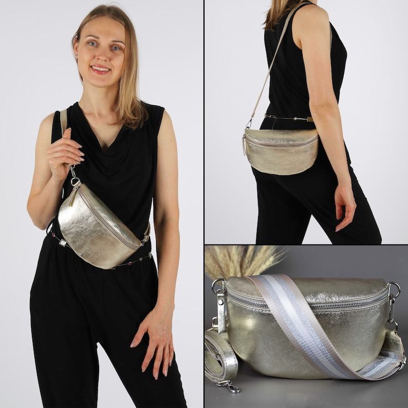 Gold Fanny Pack Interchangeable Wide Belt, Patterned Strap, Leather Crossbody, Silver Zipper Handbag
