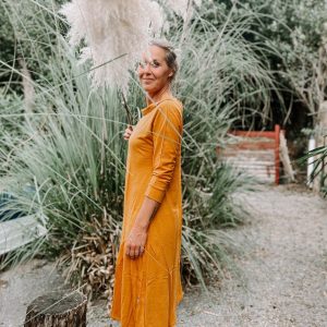 Golden Glow Sustainable 3/4 Sleeve Dress for All Seasons