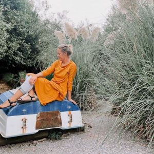 Golden Glow Sustainable 3/4 Sleeve Dress for All Seasons