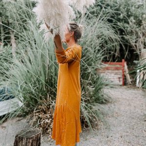 Golden Glow Sustainable 3/4 Sleeve Dress for All Seasons