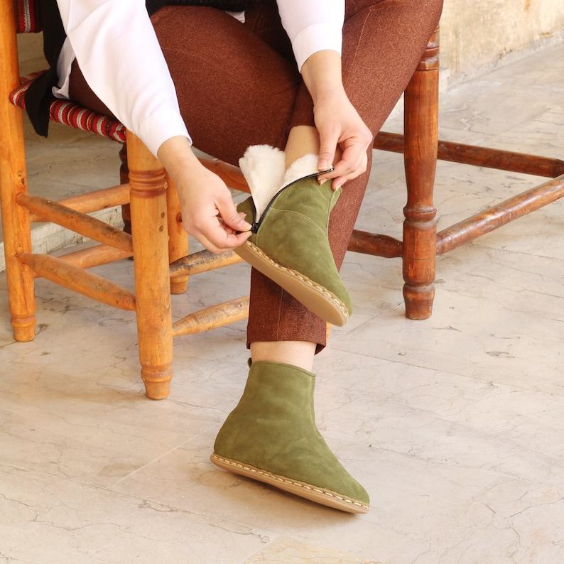 Green Nubuck Shearling Ankle Boots  Women’s Barefoot Fur Booties for Grounding Comfort