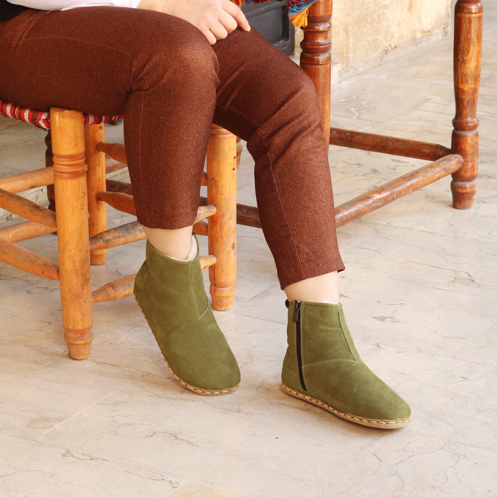 Green Nubuck Shearling Ankle Boots  Women’s Barefoot Fur Booties for Grounding Comfort