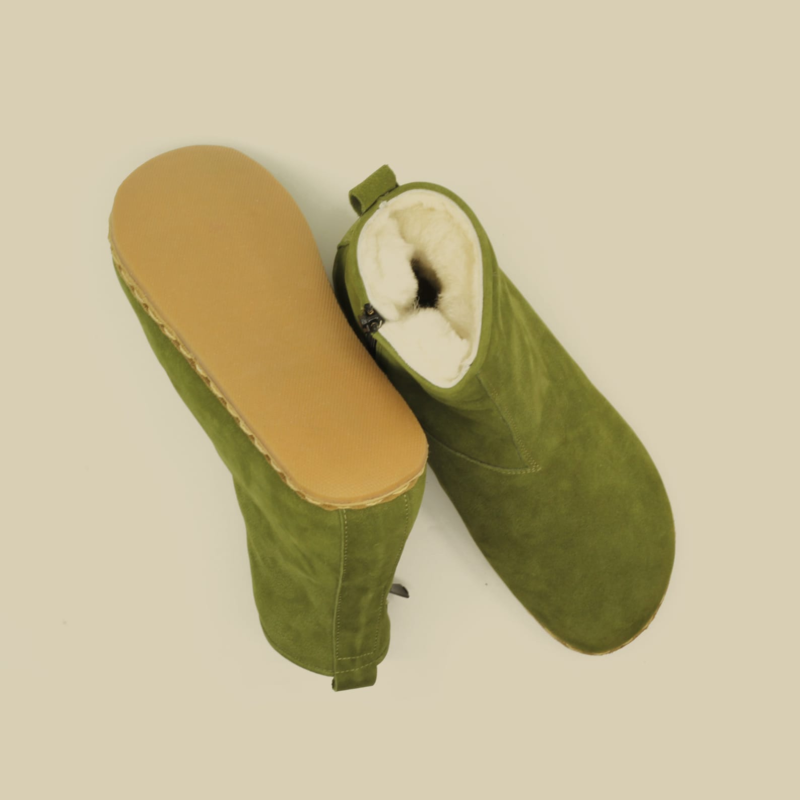Green Nubuck Shearling Ankle Boots  Women’s Barefoot Fur Booties for Grounding Comfort