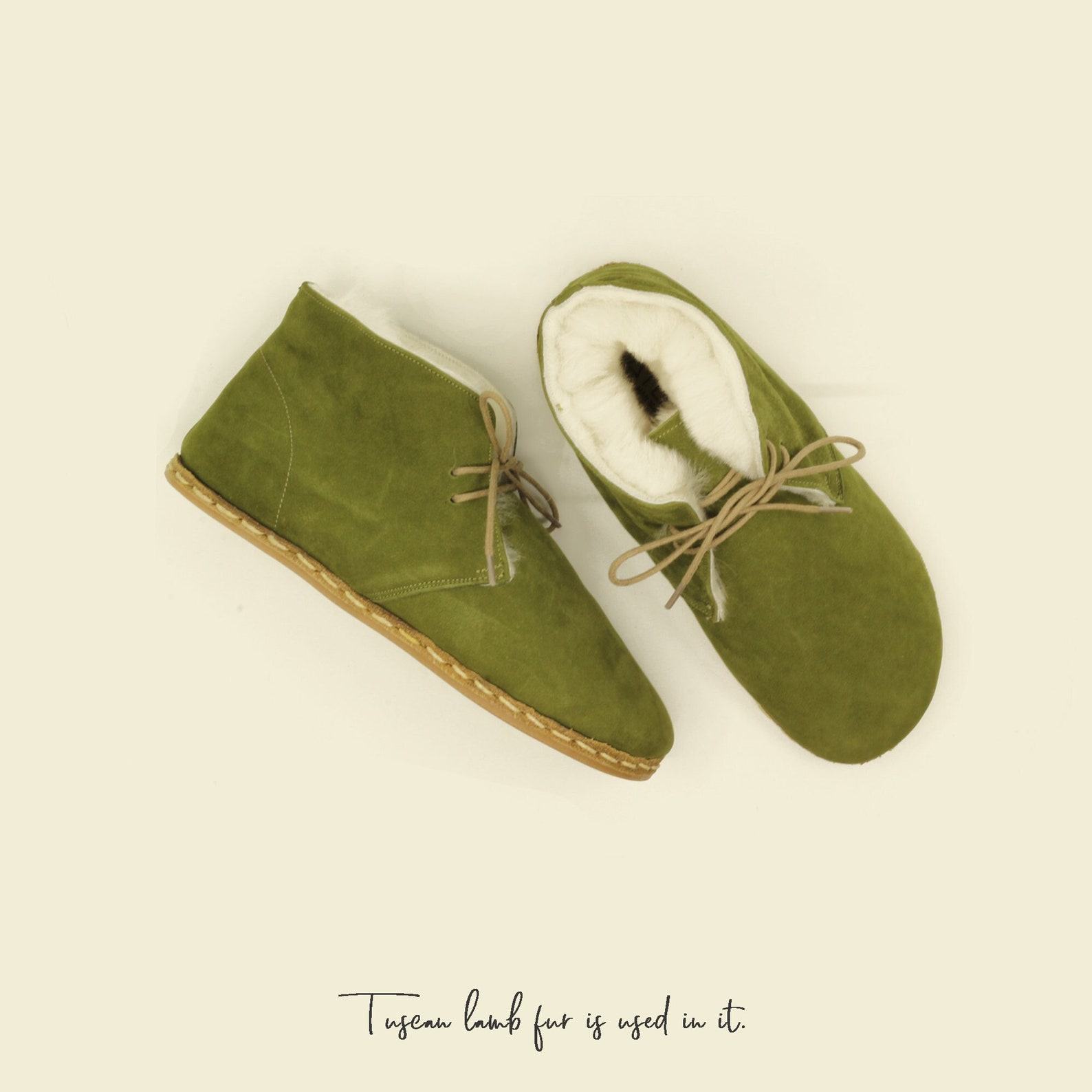 Green Nubuck Shearling Ankle Boots  Women’s Barefoot Fur Booties for Grounding Comfort