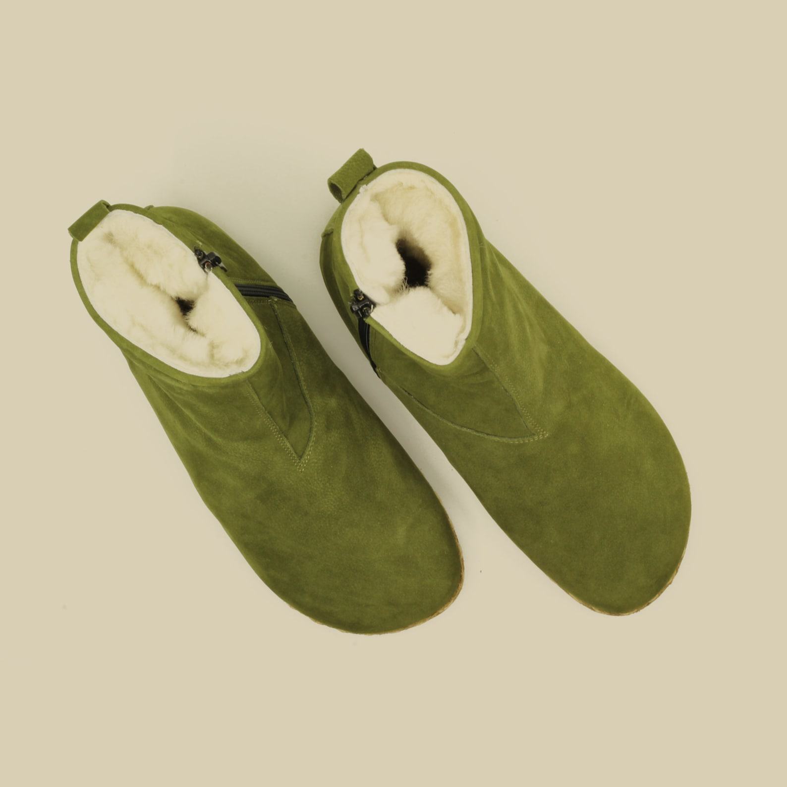 Green Nubuck Shearling Ankle Boots  Women’s Barefoot Fur Booties for Grounding Comfort