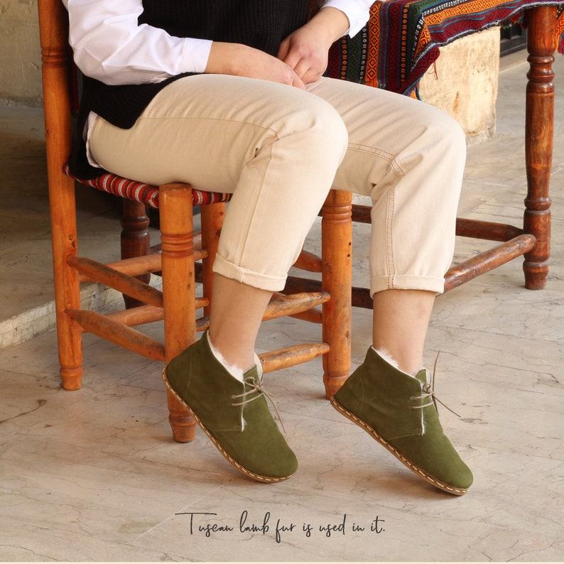 Green Nubuck Shearling Ankle Boots  Women’s Barefoot Fur Booties for Grounding Comfort