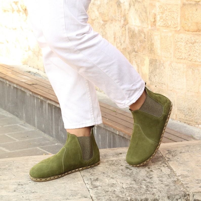 Green Nubuck Wide Toe Chelsea Boots for Women | Barefoot Comfort & Style