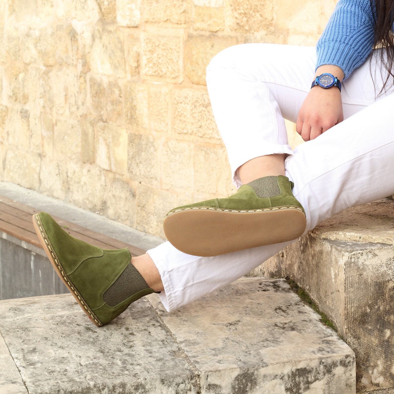Green Nubuck Wide Toe Chelsea Boots for Women | Barefoot Comfort & Style