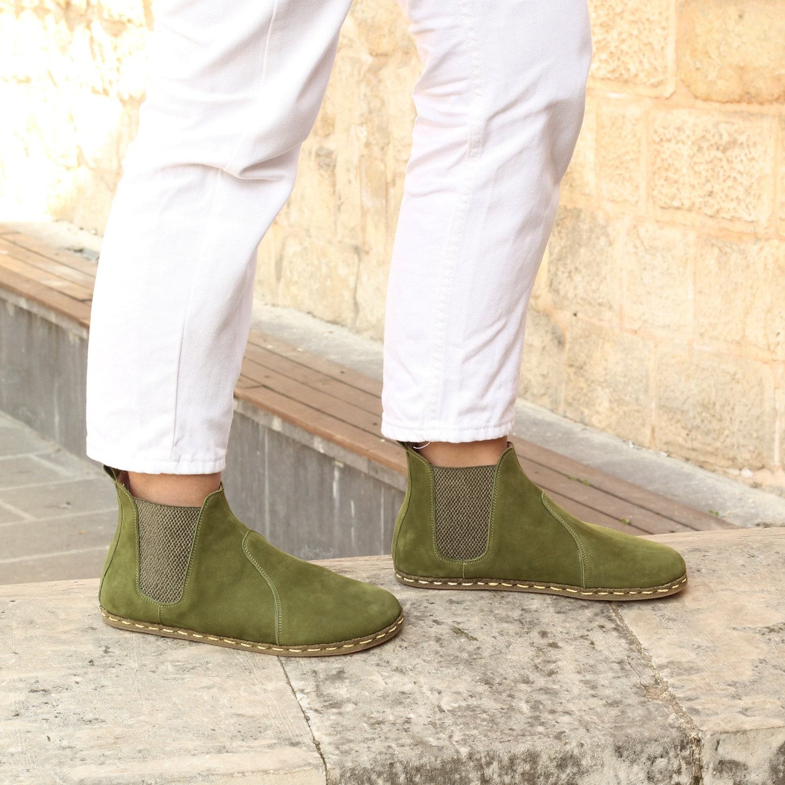 Green Nubuck Wide Toe Chelsea Boots for Women | Barefoot Comfort & Style