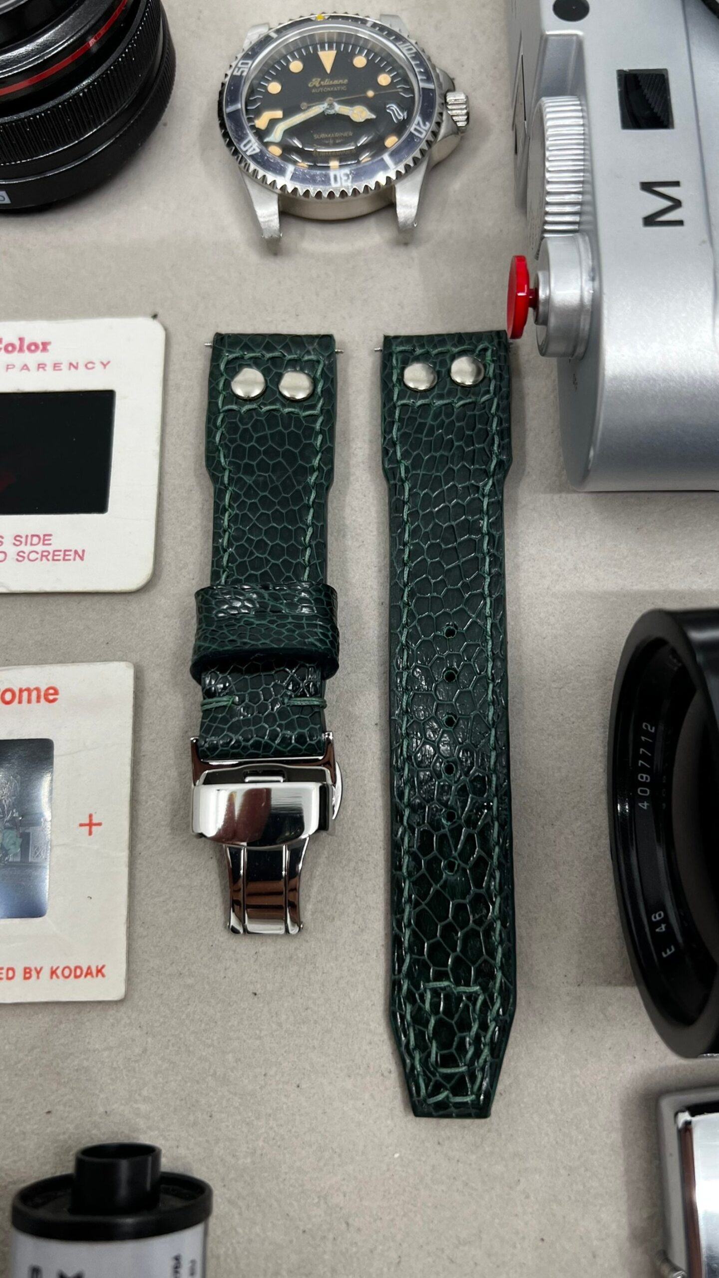 Green Ostrich Leg Leather Watch Strap for Big Pilot Watches with Silver Rivets (22mm/21mm) - Image 4