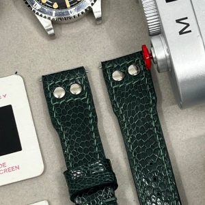 Green Ostrich Leg Leather Watch Strap for Big Pilot Watches with Silver Rivets (22mm/21mm)