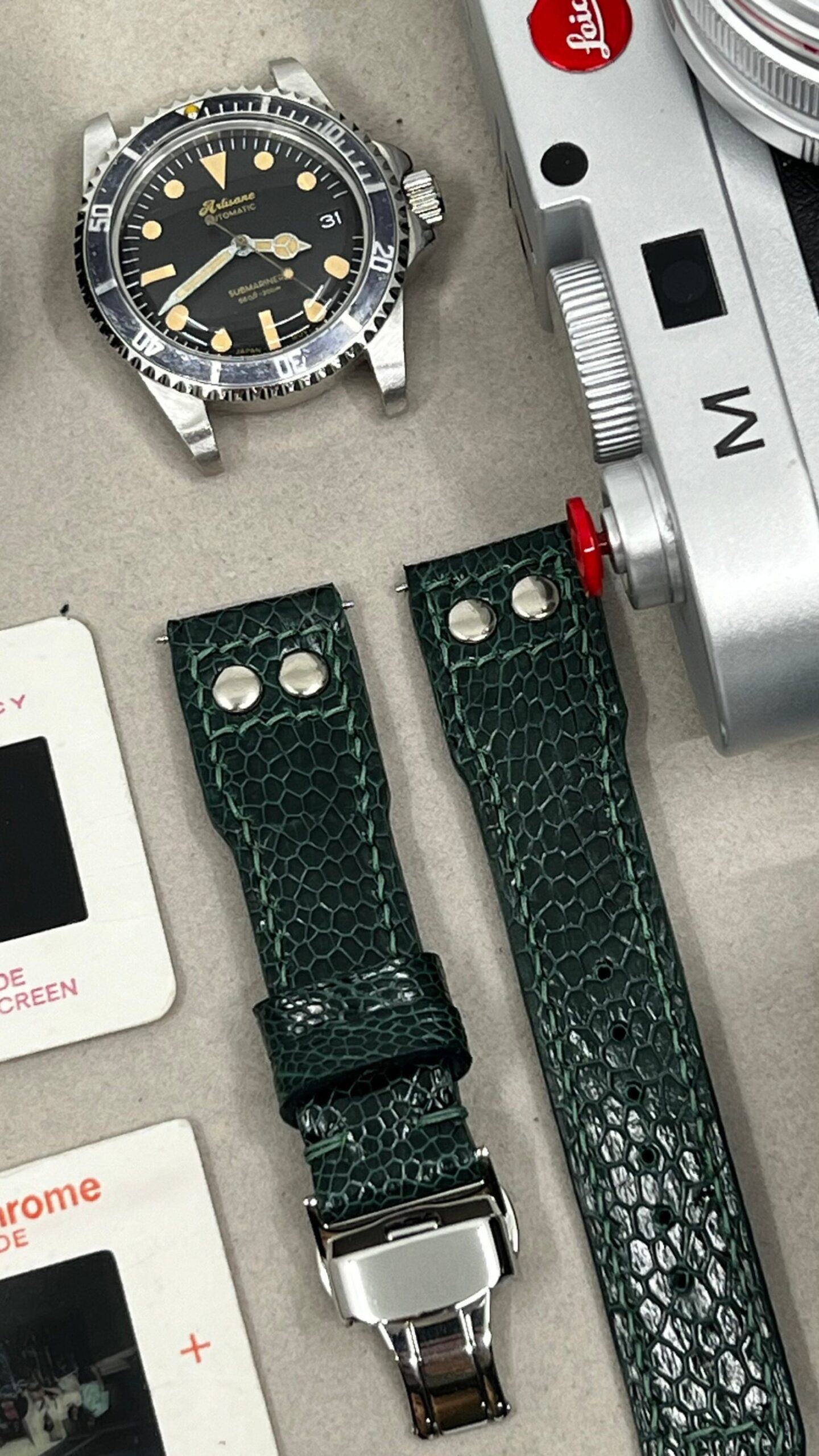 Green Ostrich Leg Leather Watch Strap for Big Pilot Watches with Silver Rivets (22mm/21mm) - Image 6