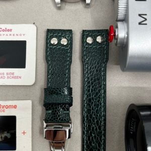 Green Ostrich Leg Leather Watch Strap for Big Pilot Watches with Silver Rivets (22mm/21mm)