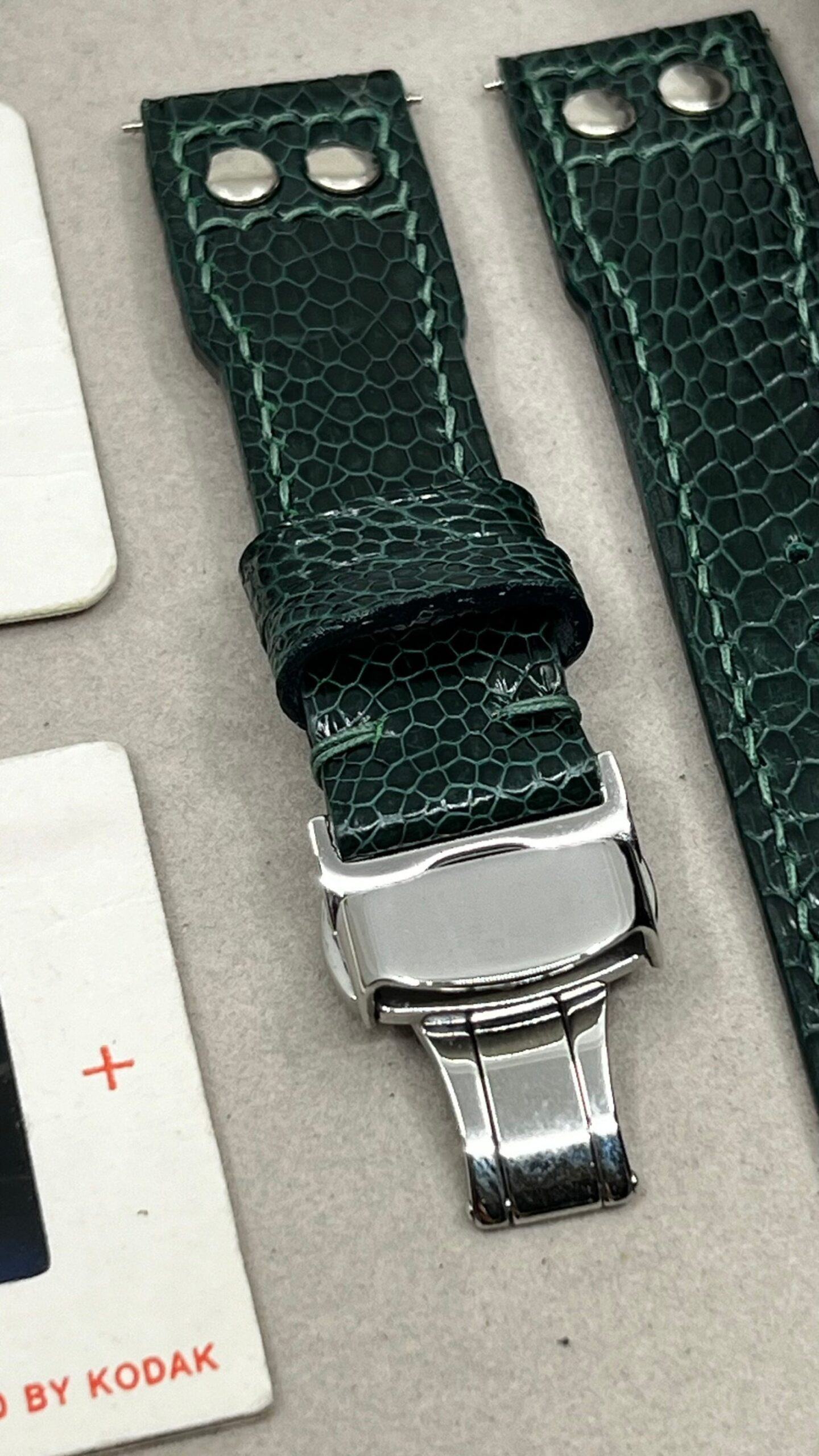 Green Ostrich Leg Leather Watch Strap for Big Pilot Watches with Silver Rivets (22mm/21mm) - Image 5
