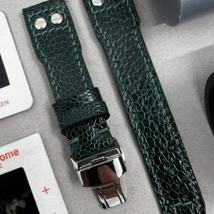 Green Ostrich Leg Leather Watch Strap for Big Pilot Watches with Silver Rivets (22mm/21mm)