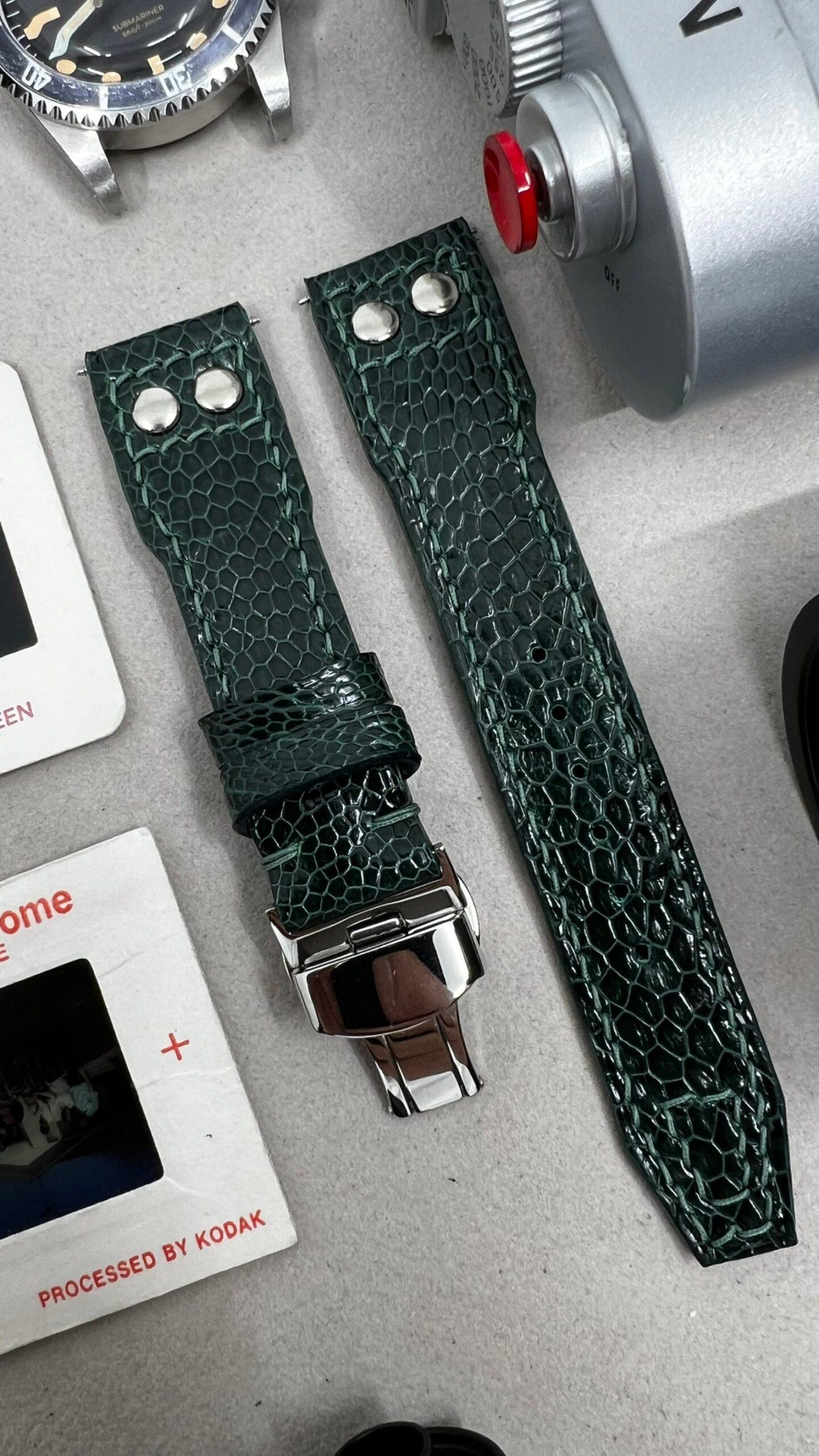Green Ostrich Leg Leather Watch Strap for Big Pilot Watches with Silver Rivets (22mm/21mm) - Image 2