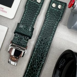 Green Ostrich Leg Leather Watch Strap for Big Pilot Watches with Silver Rivets (22mm/21mm)
