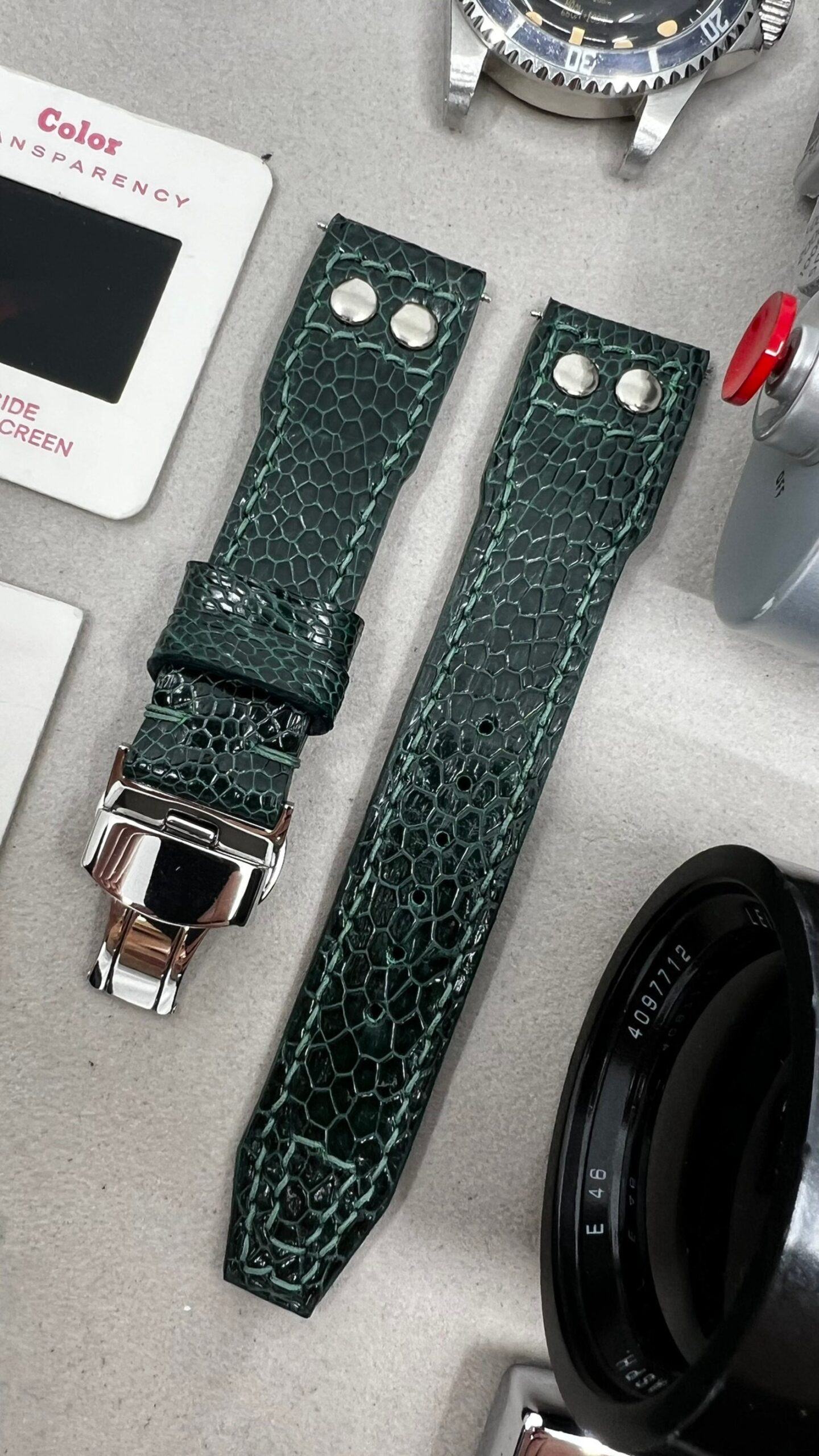 Green Ostrich Leg Leather Watch Strap for Big Pilot Watches with Silver Rivets (22mm/21mm) - Image 3