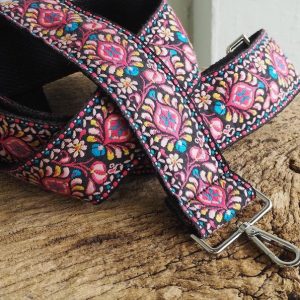 Groovy Floral Woven Crossbody Guitar Strap Purse – Pink and Black