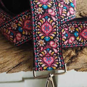 Groovy Floral Woven Crossbody Guitar Strap Purse – Pink and Black