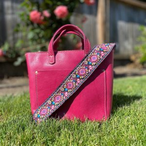 Groovy Floral Woven Crossbody Guitar Strap Purse – Pink and Black