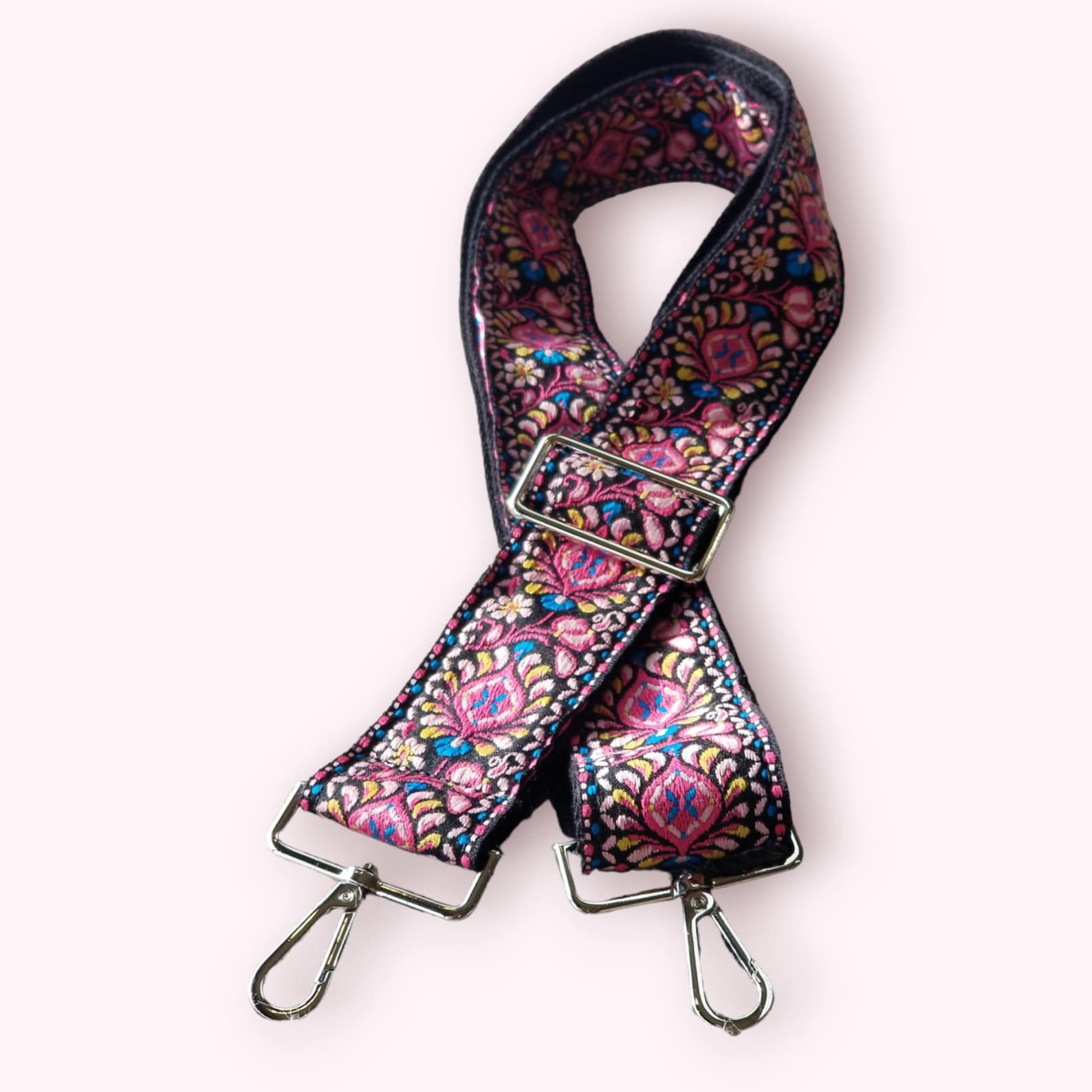 Groovy Floral Woven Crossbody Guitar Strap Purse – Pink and Black