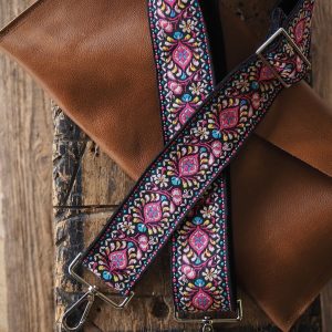 Groovy Floral Woven Crossbody Guitar Strap Purse – Pink and Black