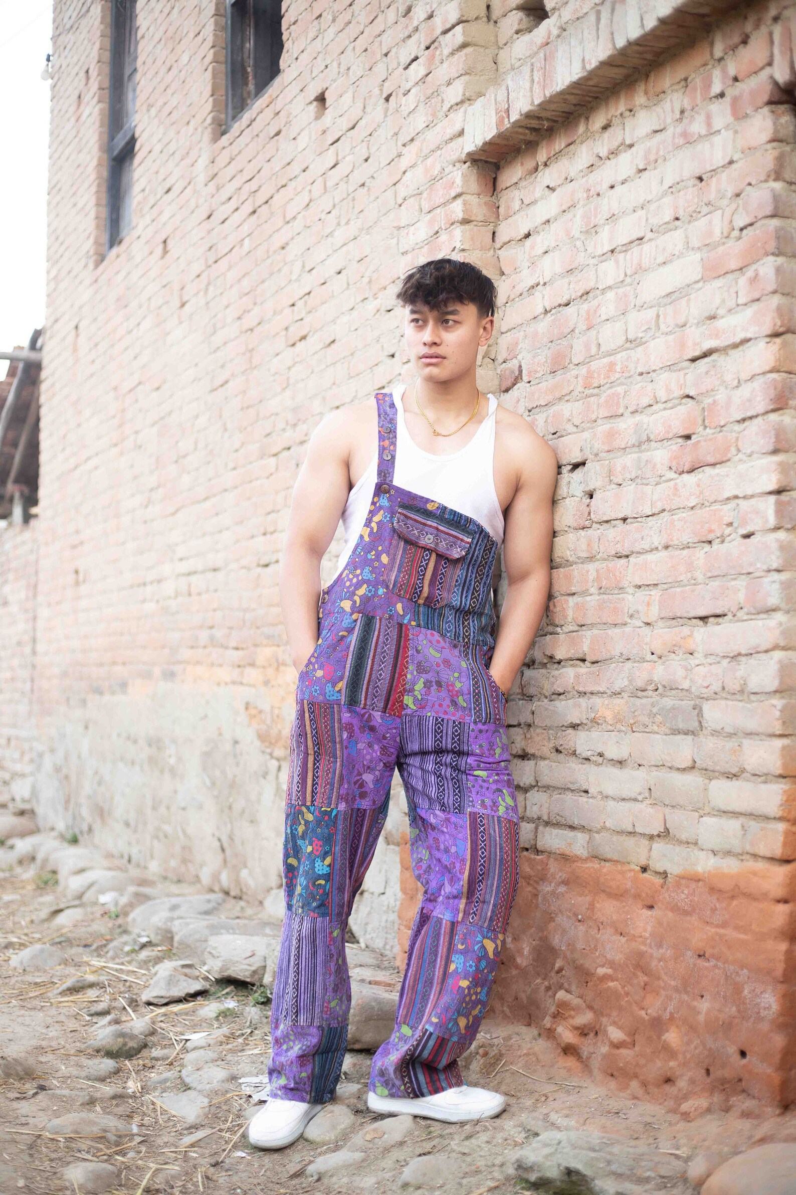 Groovy Hippie Patchwork Overalls One Size Fits All, Adjustable Lengths for Festival Vibes - Image 4