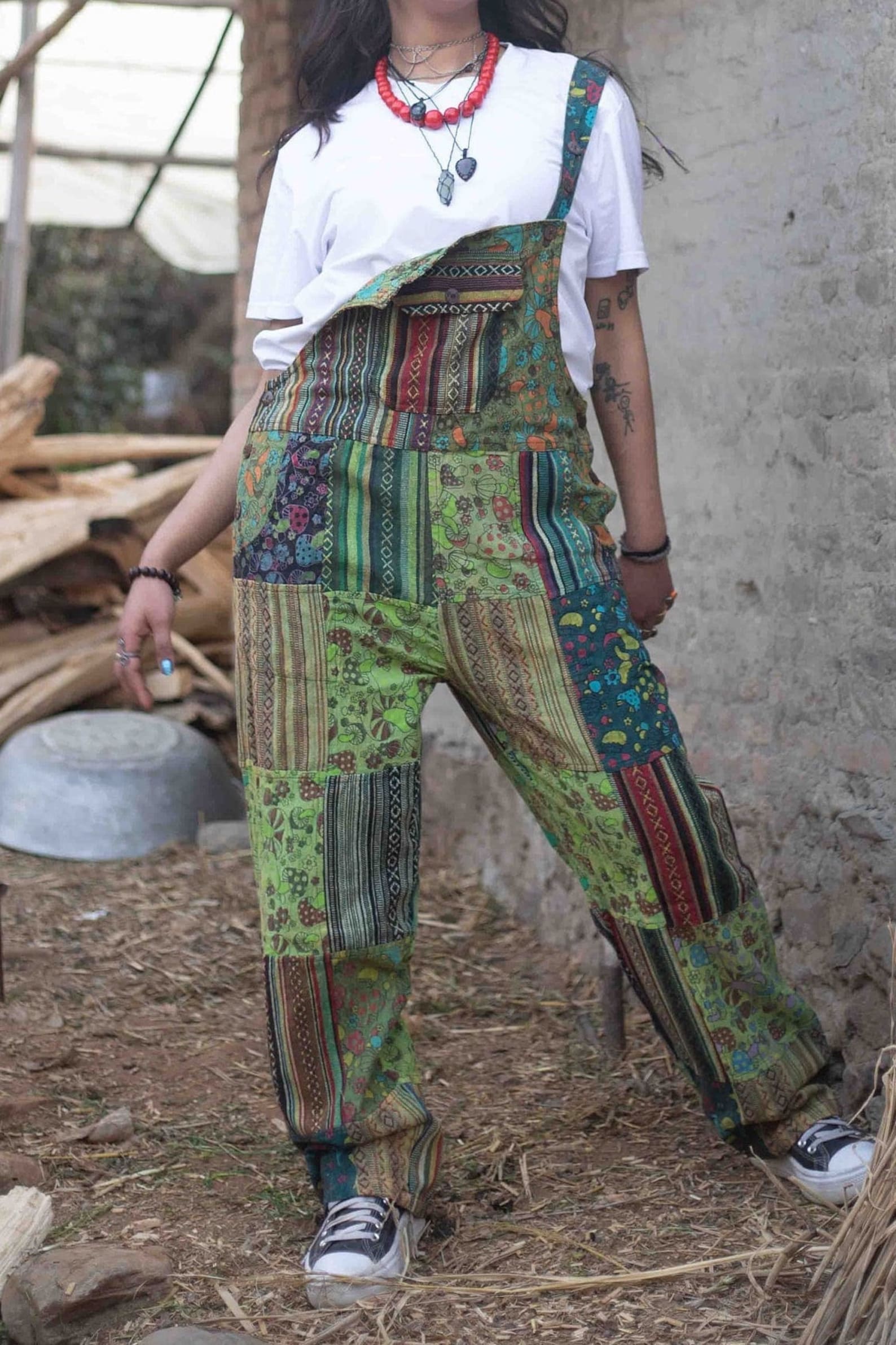 Groovy Hippie Patchwork Overalls One Size Fits All, Adjustable Lengths for Festival Vibes - Image 2