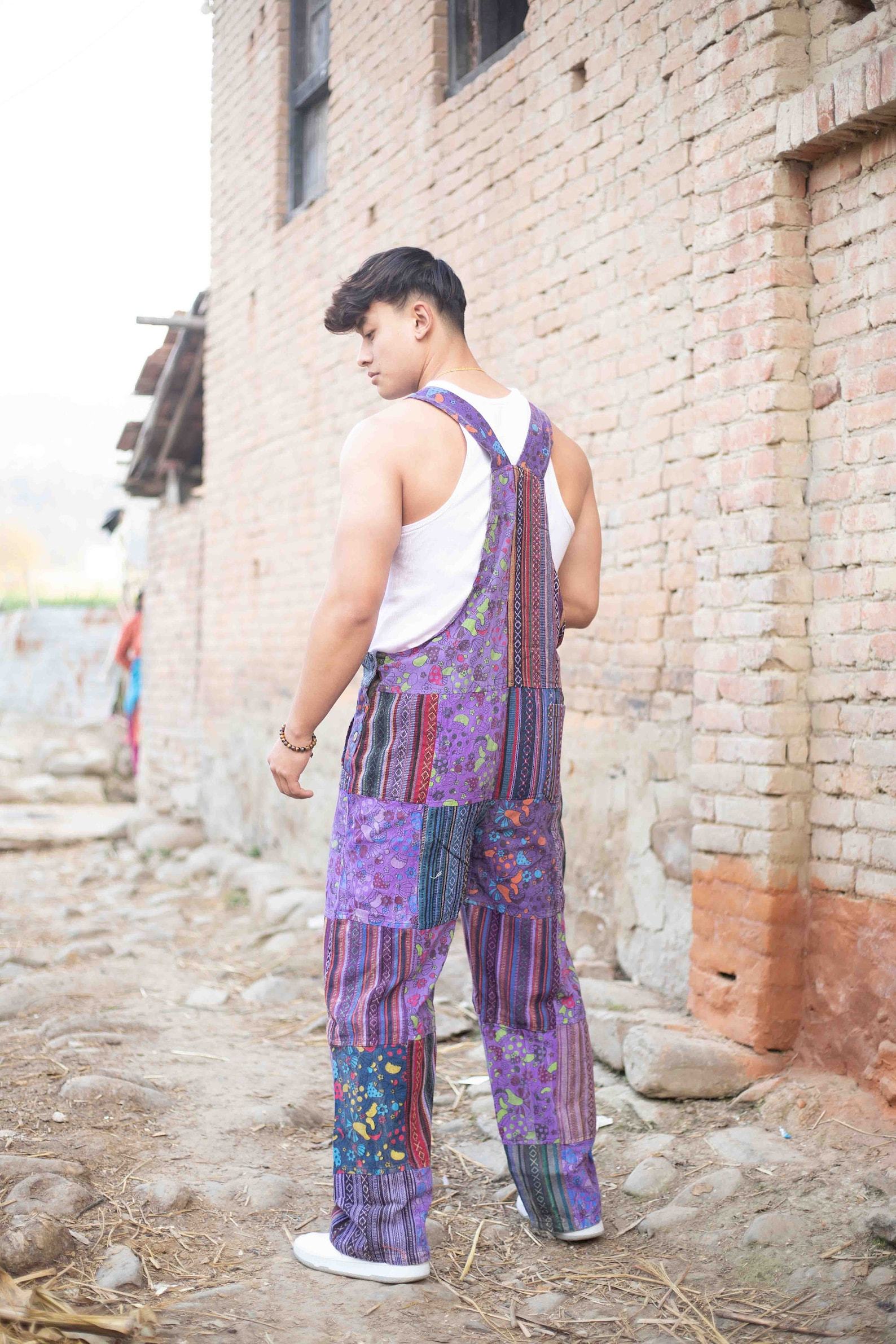 Groovy Hippie Patchwork Overalls One Size Fits All, Adjustable Lengths for Festival Vibes - Image 5