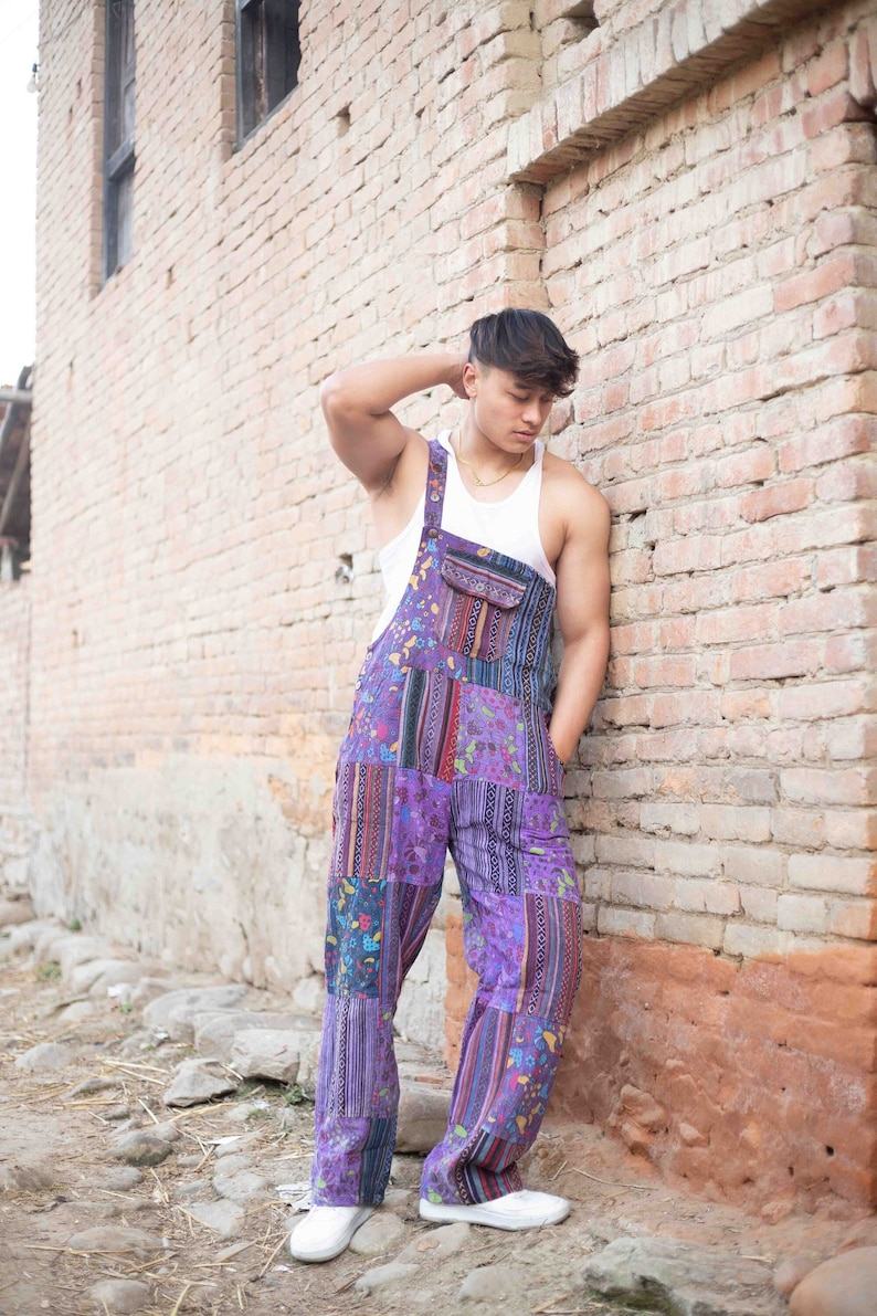 Groovy Hippie Patchwork Overalls One Size Fits All, Adjustable Lengths for Festival Vibes