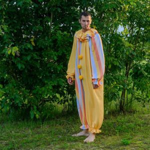 Groovy Yellow Clown Costume Vintage Stripes Circus Jumpsuit for Halloween, Cosplay, and Parties