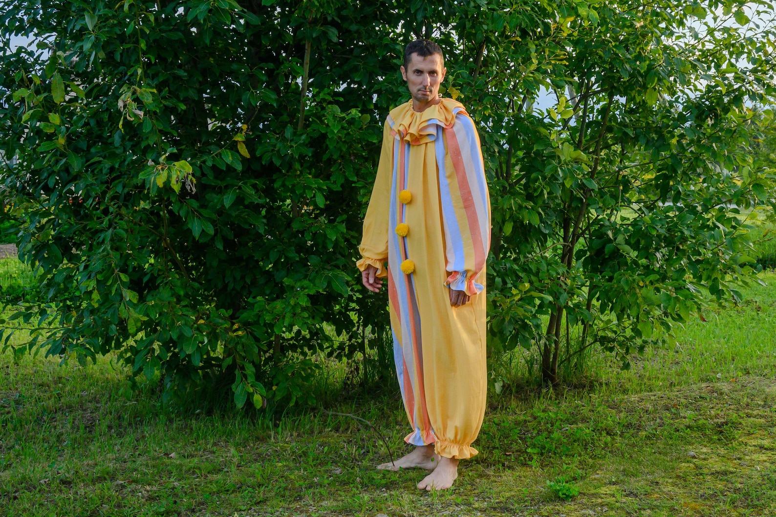 Groovy Yellow Clown Costume Vintage Stripes Circus Jumpsuit for Halloween, Cosplay, and Parties - Image 4