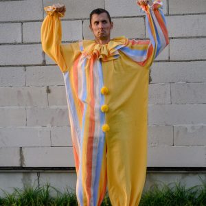 Groovy Yellow Clown Costume Vintage Stripes Circus Jumpsuit for Halloween, Cosplay, and Parties