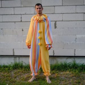 Groovy Yellow Clown Costume Vintage Stripes Circus Jumpsuit for Halloween, Cosplay, and Parties