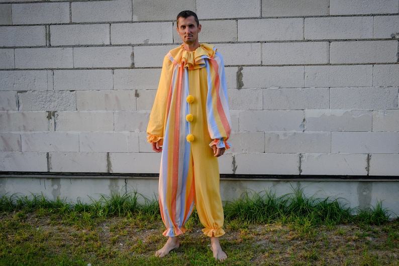 Groovy Yellow Clown Costume Vintage Stripes Circus Jumpsuit for Halloween, Cosplay, and Parties