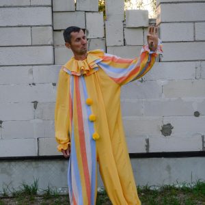 Groovy Yellow Clown Costume Vintage Stripes Circus Jumpsuit for Halloween, Cosplay, and Parties