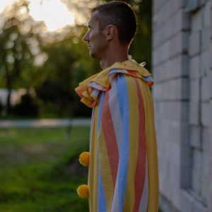 Groovy Yellow Clown Costume Vintage Stripes Circus Jumpsuit for Halloween, Cosplay, and Parties