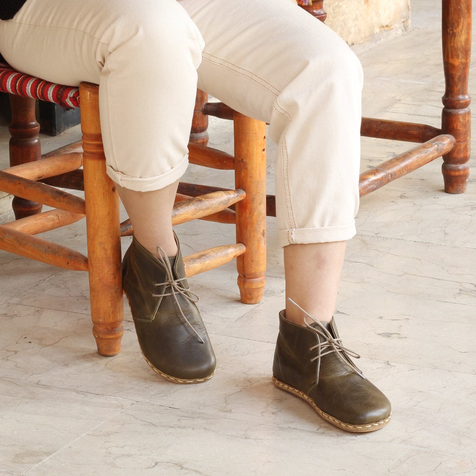 Grounded Green  Handmade Leather Barefoot Boots – Women’s Crazy Olive Ankle Booties