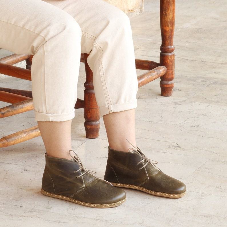 Grounded Green  Handmade Leather Barefoot Boots – Women’s Crazy Olive Ankle Booties