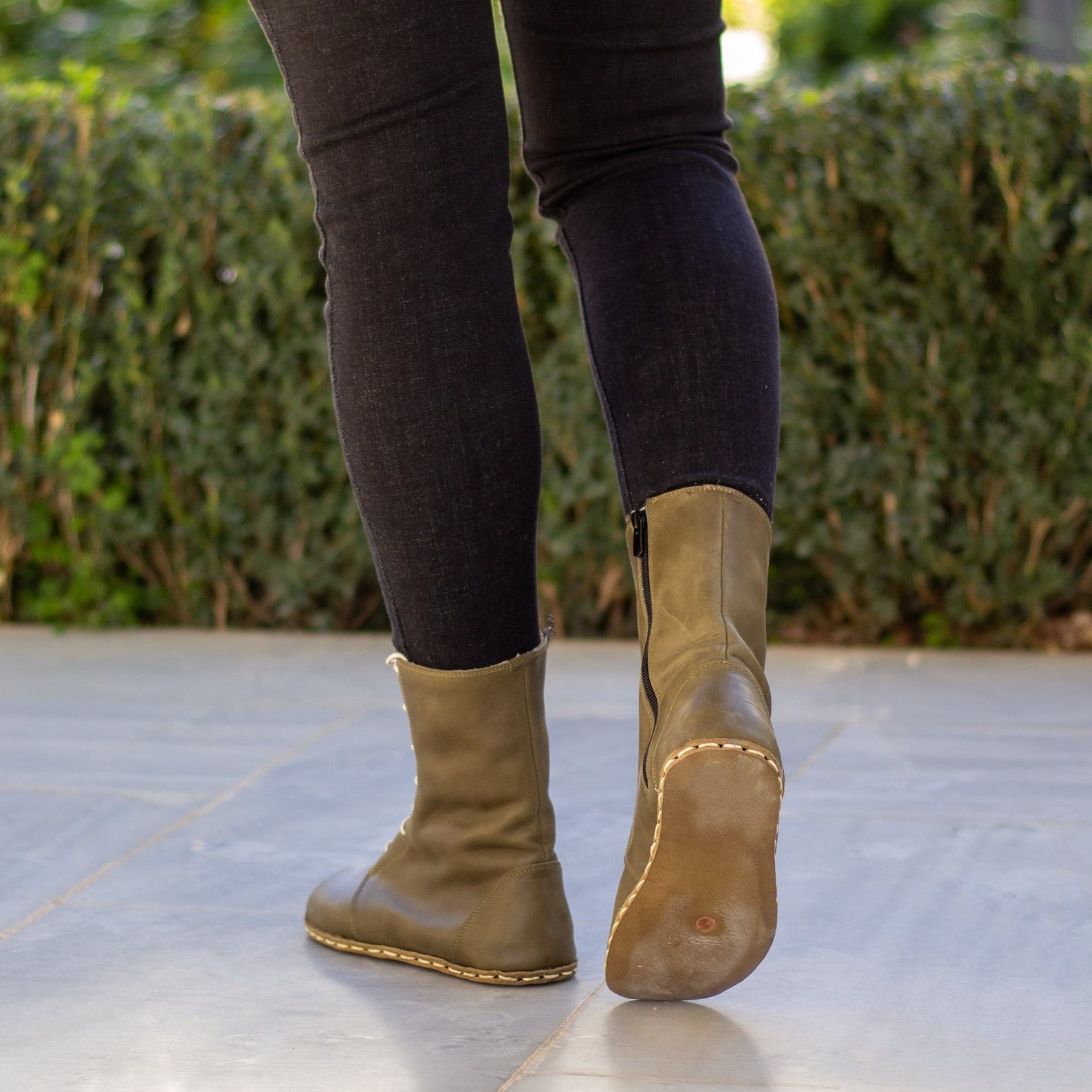 Grounding Barefoot Boots  Women’s Crazy Olive Green Copper Rivet Shoes